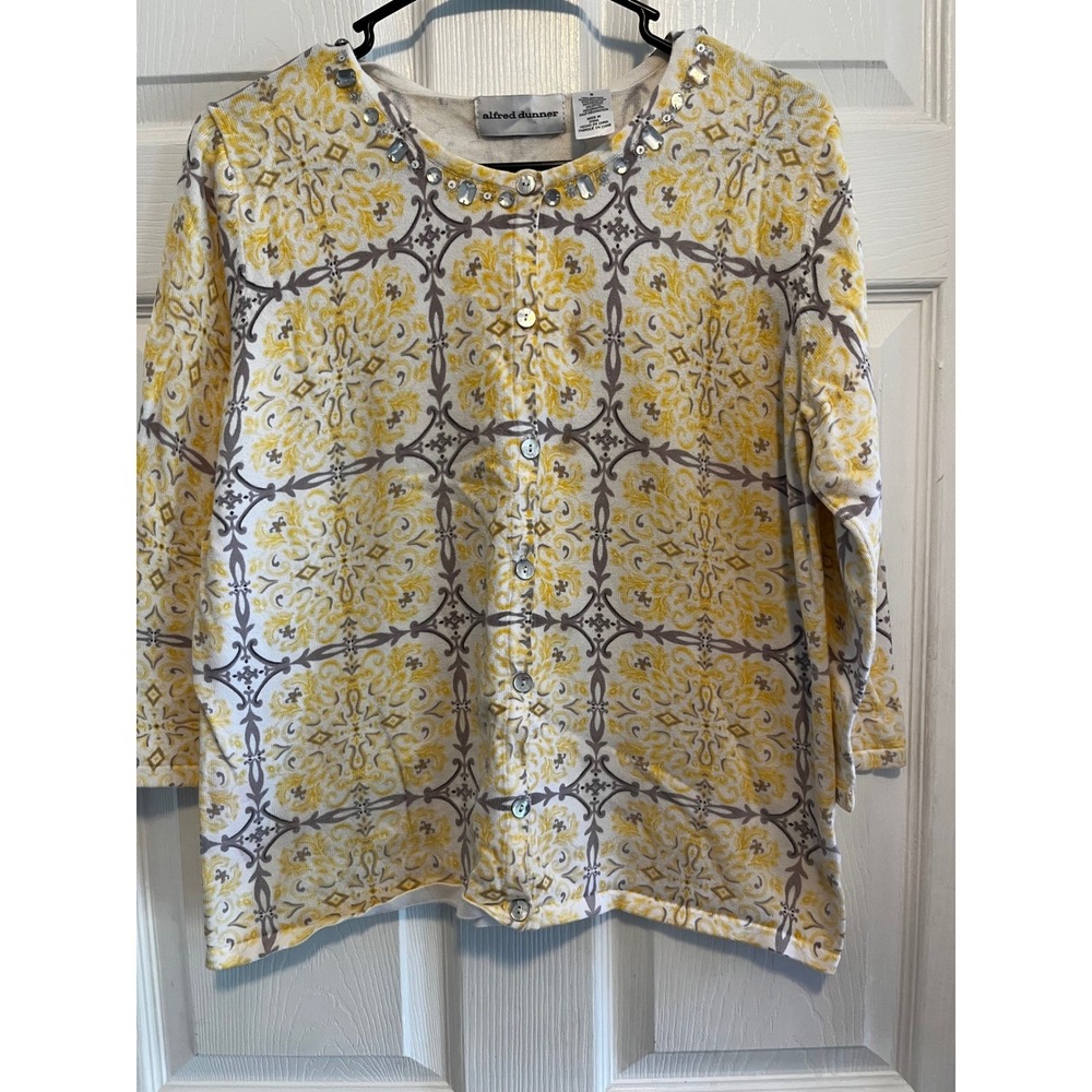 Alfred Dunner Cardigan Top Yellow Gray Floral Embellished Neckline Size S Easter